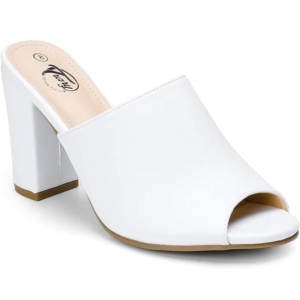 Trary Peep Toe Chunky White Women's Heel Mules Size 9 - Picture 3 of 8